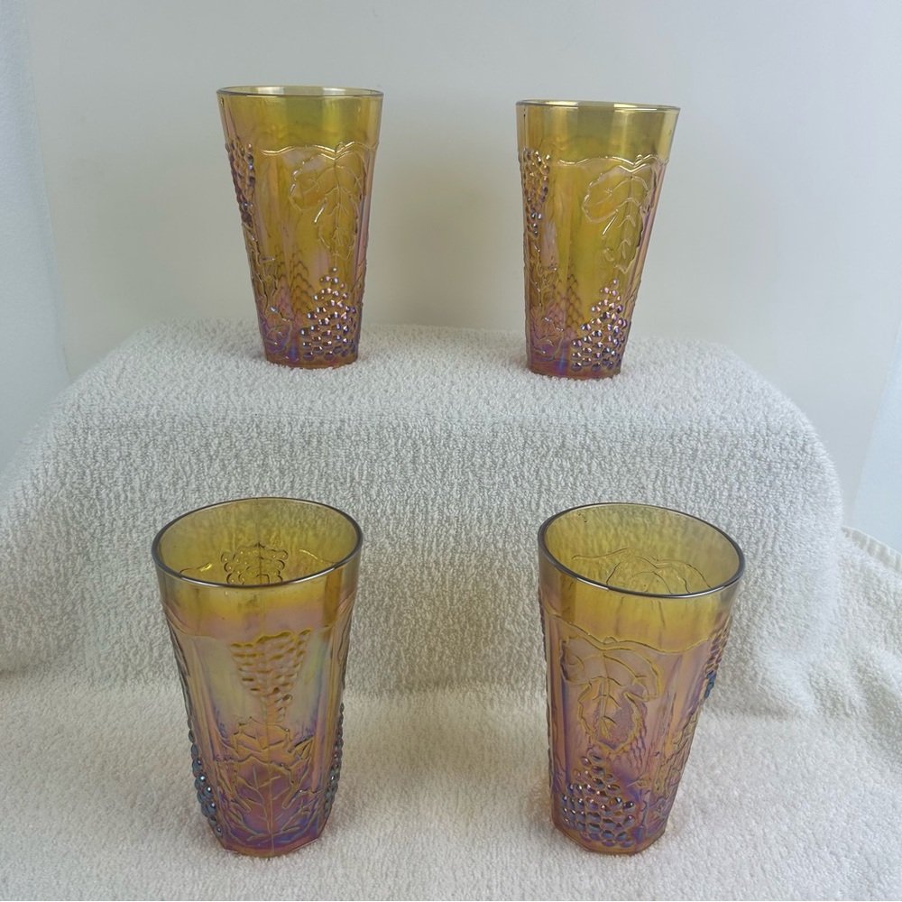 VTG Indiana Glass 12oz Tumblers Iridescent Carnival Harvest Grape Marigold 4pc